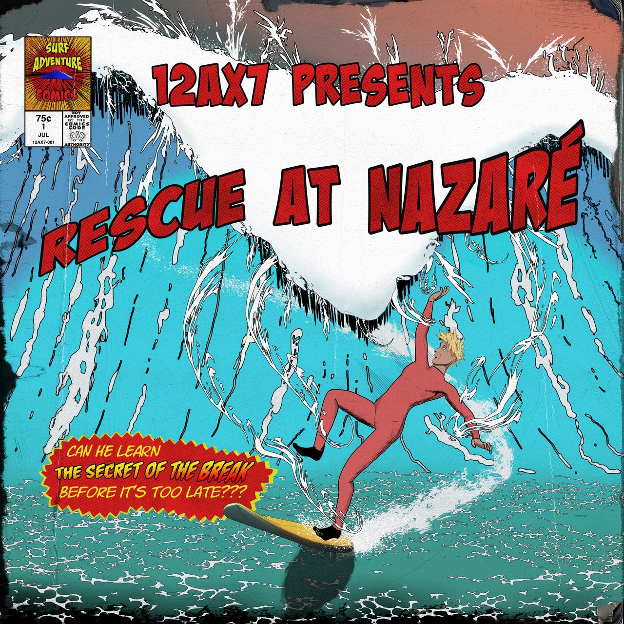 A comicbook style image of a surfer, dressed in a red wetsuit, losing his balance in front of a giant wave. A sticker on the cover says "Can he learn the secret of the break before it's too late?".