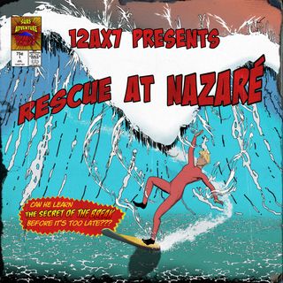 A comicbook style image of a surfer, dressed in a red wetsuit, losing his balance in front of a giant wave. A sticker on the cover says "Can he learn the secret of the break before it's too late?".